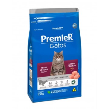 Ração Premier Pet Gatos Adultos Ambientes Internos Pelos Longos Frango  - 1,5kg
